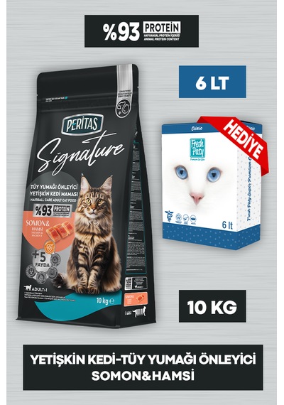 Signature Somonlu Yetişkin Tüy Yumağı Önleyici Kedi Maması 10 Kg Fresh Paty Clinic 6 Lt Kum Hediyeli