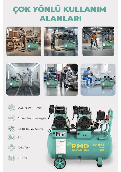 R.m.d Kompresör 50 Lt Yüksek Emişli Yağsız Teknoloji Hava Kompresörü Mp1500ıx2