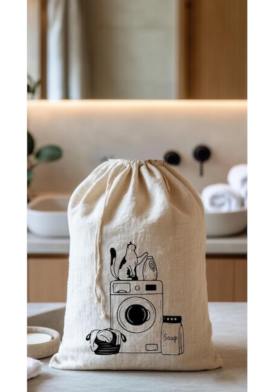 Sade Tasarım Wash Desenli Ham Bez Kumaş Çok Amaçlı Kirli Çamaşır Torbası 40x50 1 Adet Model 4