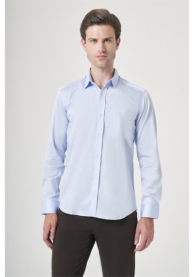 İmza Mavi Sert Yaka Uzun Kol Cepsiz Saten Slim Fit %100 Pamuk Gömlek 1004260424 Koyu Mavi