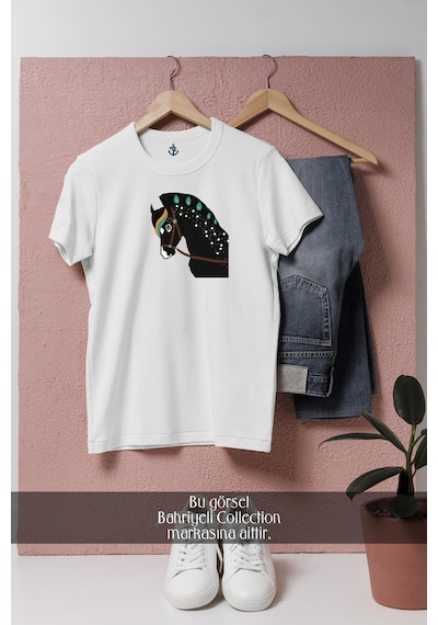 Oversize Mane Halter Mustang Pony Horse Tasarımlı Unisex T-shirt Beyaz