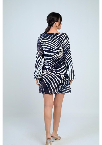 By Saygı Kadın Yuvarlak Yaka Zebra Desenli İspanyol Kol Astarlı Kısa Elbise-41735 Siyah