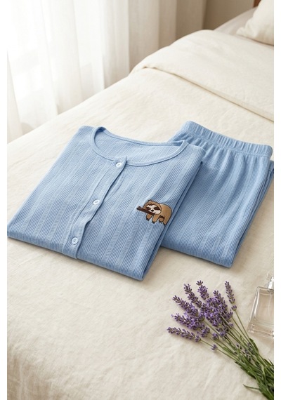 Aura Collections Kadın Ayıcık Desenli Bambu Viskon Kısa Kollu Soft Örme Pijama Takımı Mavi