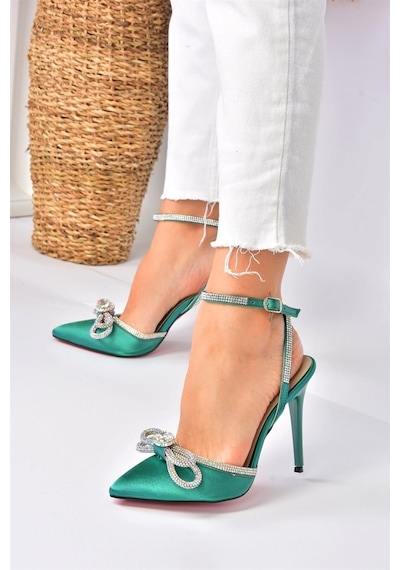 Fox Shoes Yeşil Saten Kumaş Taşlı Kadın Topuklu Ayakkabı K6540512