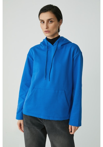 Ethıquet Pıper Kadın Içi Polarlı Yumuşacık Comfort Fit Kapüşonlu Kanguru Cepli Saks Mavi Sweatshirt