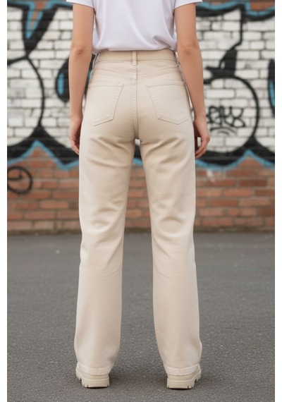 Woddi Heaven Kadın Yüksek Bel Krem Salaş Wide Leg Jeans Geniş Paça Palazzo Kot Pantolon