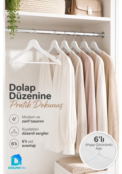 Beyaz Ahşap Görünümlü Elbise Askısı 6 Lı Plastik Kıyafet Askısı Dolap İçi Gardırop Düzenleyici 44x22 Cm