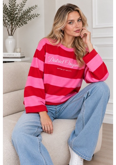 Lima Fuşya Kadın Çizgili Oversize Sweatshirt Bisiklet Yaka Baskılı Uzun Kollu Sweat