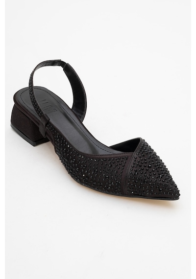 Luvishoes Luvi Shoes Sella Siyah Saten Taşlı Kadın Kısa Topuklu Ayakkkabı Siyah