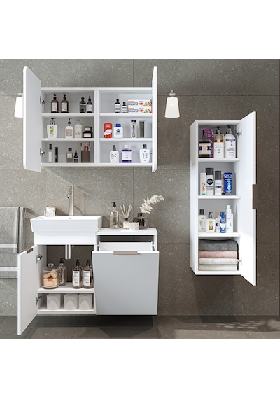 Dubai Mdflam Sepetli Banyo Dolabı Seti, Lavabolu Alt Dolap + Aynalı Banyo Üst Dolabı + Boy Dolabı Beyaz Dubai Mdflam Sepetli Banyo Dolabı Seti, Lavabolu Alt Dolap + Aynalı Banyo Üst Dolabı + Boy Dolabı Beyaz