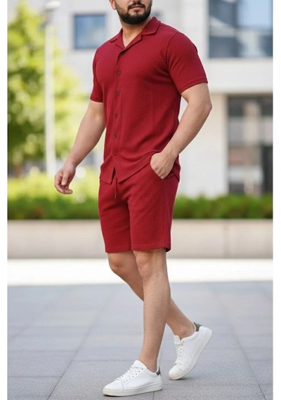 Assema Erkek Waffle Kısa Kollu Gömlek Şort Takım Regular Fit İkili Set - Bordo Çok Renkli