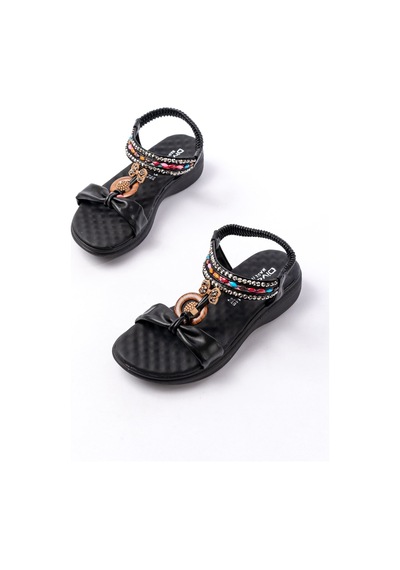 Dm-608 Siyah Taşlı Arka Lastikli Günlük Kadın Sandalet Siyah
