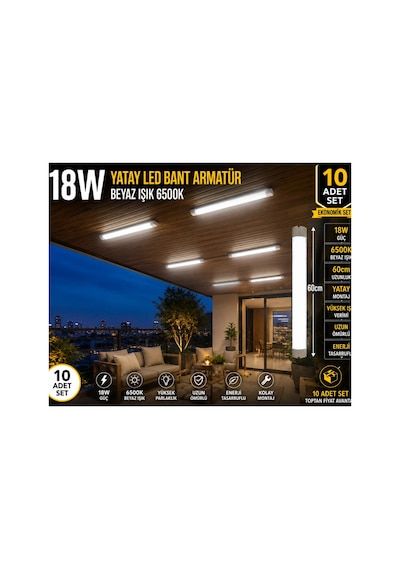 10 Adet Set- Led Bant Armatür 60 Cm Beyaz Işık Yüksek Lümenli Sıva Üstü Mutfak Atölye Aydınlatma,tavan Lambası ,led Lamba,otopark Lambası Diğer