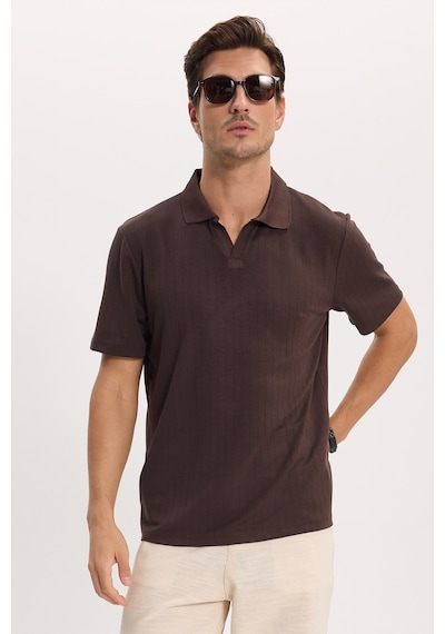 Tudors Erkek Slim Fit Dar Kesim Pamuklu Kısa Kollu Çizgili Kahverengi Polo V Yaka Tişört-51126