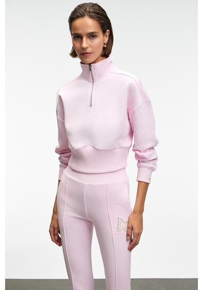 Grımelange THALIA Kadın Arka Baskılı Ve Patch Detaylı Fermuarlı Dik Yakalı Pembe Sweatshirt