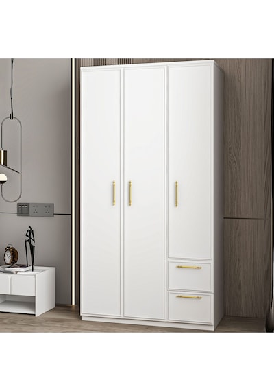 Vespera Çıta Detaylı 3 Kapaklı, Çekmeceli Gardırop Beyaz, 90 Cm