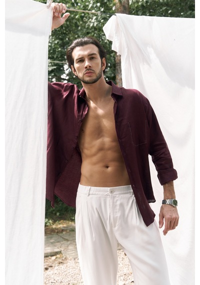 Mai Collection Mai Studios Co. Ombretta Bordo Keten Oversize Erkek Gömlek Bordo