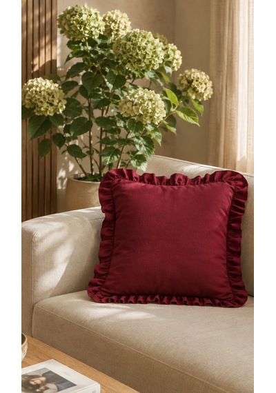 1 Adet Bordo Fırfırlı Dekoratif Kırlent Kılıfı %100 Pamuk 45x45 Cm