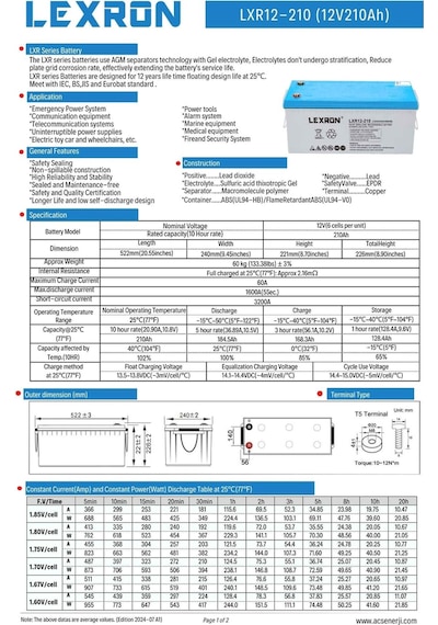 Lexron - İnges 12 Volt 210 Amper Jel Akü - 12v 210 Ah Derin Döngü Akü Güneş Enerji Sistemi Aküsü