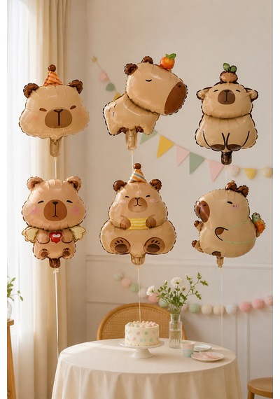 Capybara Folyo Balon Seti 6 Parça 14 İnç Capybara Temalı Doğum Günü Parti Dekorasyonu Çok Renkli