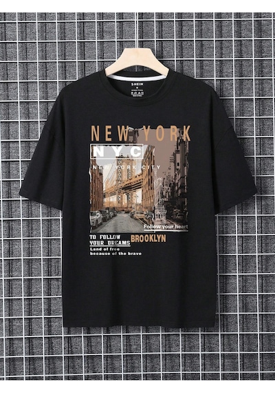 T-shirt - Nyc Baskılı Oversize Bisiklet Yaka Kısa Kol Tişört Siyah