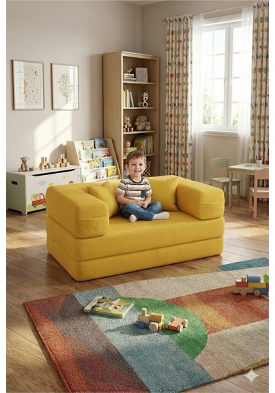 Premium 140x70 Cm Modüler Çocuk Ve Genç Koltuğu Yatak Olabilen Sünger Oyun Alanı Yıkanabilir Kılıf Sarı