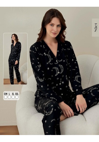 Boyraz Kadın Süet Boydan Düğmeli Pijama Takımı 02009 - 1 Adet Siyah