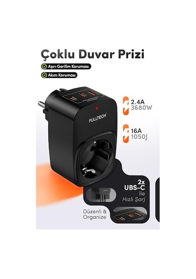Akım Korumalı Priz, Tekli Priz, Usb'li Priz Ve Type-c Priz, Priz Çoklayıcı, Voltaj Korumalı Priz, 16a 3680w Duvar Standart