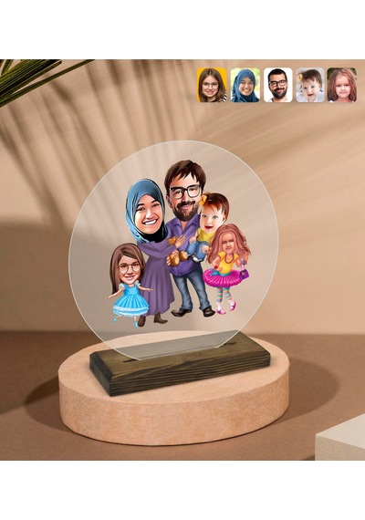 Kişiye Özel Aile Karikatürlü Yuvarlak Ahşap Standlı Biblo-9