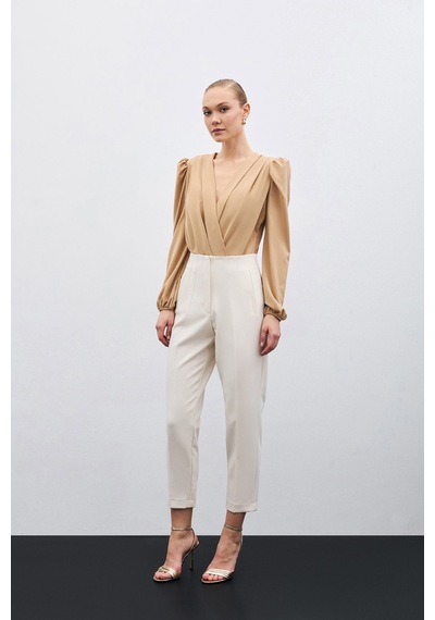 Sateen Yüksek Bel Pensli Pantolon - Bej-135708 Bej