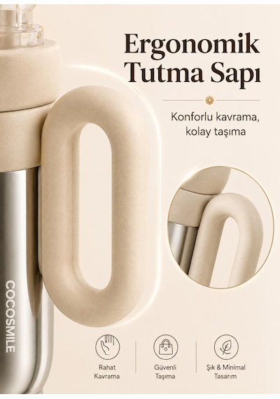 Cocosmile Cs-8827 Krem Bej 760 Ml Çift İçim Paslanmaz Çelik Termos Mug Matara Askılı