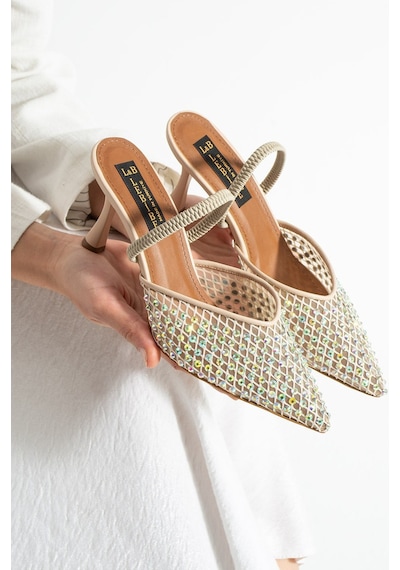 Lebibe Shoes Mına Kadın Bej File Taşlı 7 Cm Topuklu Slingback Sivri Burun Abiye Ayakkabı
