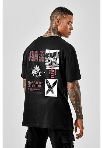 Erkek Siyah Oversize Bravely Baskılı T-shirt Siyah
