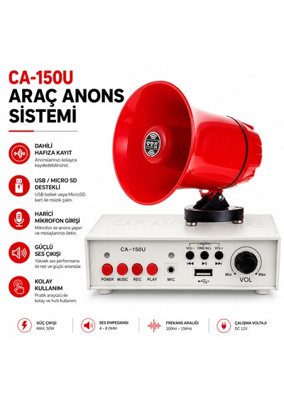 Araç Anons Sistemi Pazarcı Anfi 150w 12v Dahili Hafıza Bluetooth Usb Sd Fm Mıknatıslı Poke Pk-8035