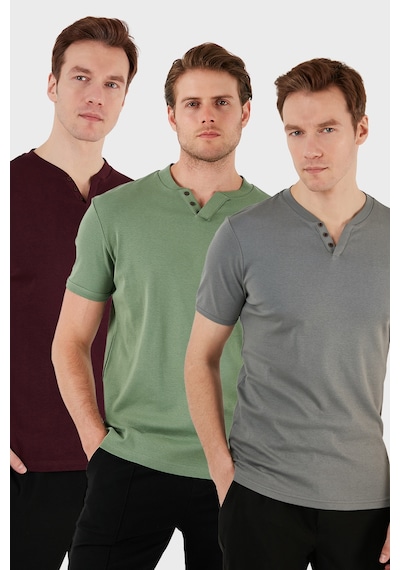 Buratti Pamuklu Düğme Detaylı Slim Fit V Yaka 3'Lü Paket Erkek T Shirt 5902122S3 Elma Yeşili-Vişne-Açık Haki