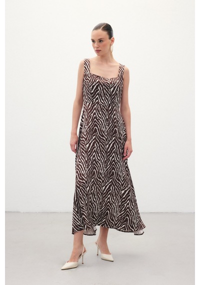 Sateen Kare Yaka Zebra Desenli Elbise - Kahve-136359 Kahve