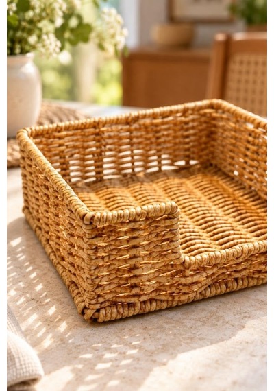 Hasır Rattan Kare Peçetelik 18x18x6.5 Cm - Masa Üstü Kolay Çekme Oyuklu Peçete Sunum Sepeti Diğer