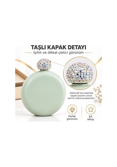 Lüks Taş İşlemeli Renkli Paslanmaz Çelik İçki Matarası 5 Oz 150 Ml. Cep Çanta Kamp Outdoor Hediyelik Yeşil