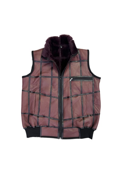 Lnleather Içi Kürk-Dışı Süet Gerçek Deri Yakalı Ve Trikolu Yelek Bordo