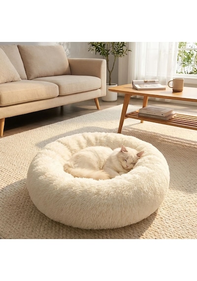 Go İthalat Yuvarlak Ultra Yumuşak Welsoft Peluş Kedi Ve Köpek Yatağı Kaymaz Taban Tüylü Pet Pufu,u