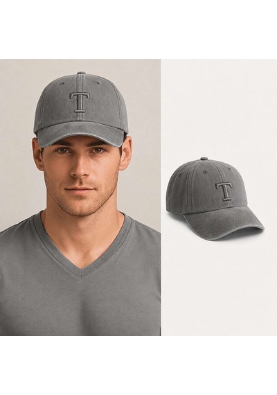 Tesbihane Unisex Vintage Beyzbol Şapkası - İsme Özel Harf Nakışlı - Eskitme Kumaş - Metal Tokalı Gri