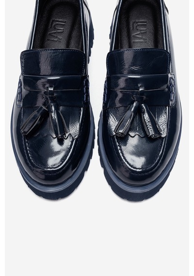 Luvi Shoes Poen Lacivert Rugan Hakiki Deri Püsküllü Kadın Loafer Ayakkabı