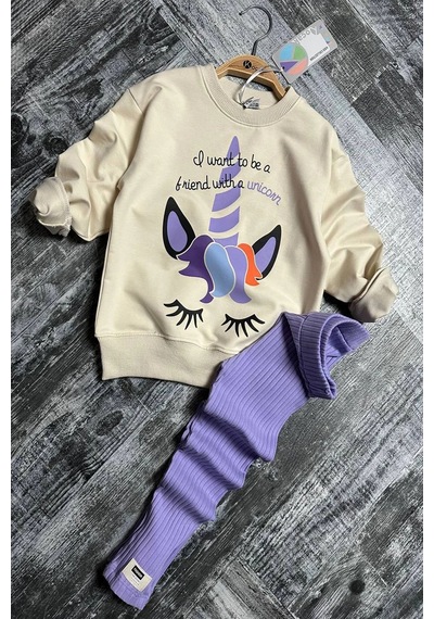 Koçak Kids Unicorn Desenli Kız Çocuk Lila Renk Taytlı Takım Yeşil