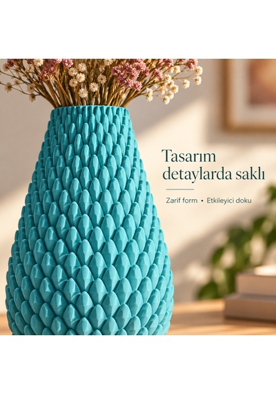 Kabartma Desenli Dekoratif Vazo 20 Cm Modern Tasarım Camgöbeği