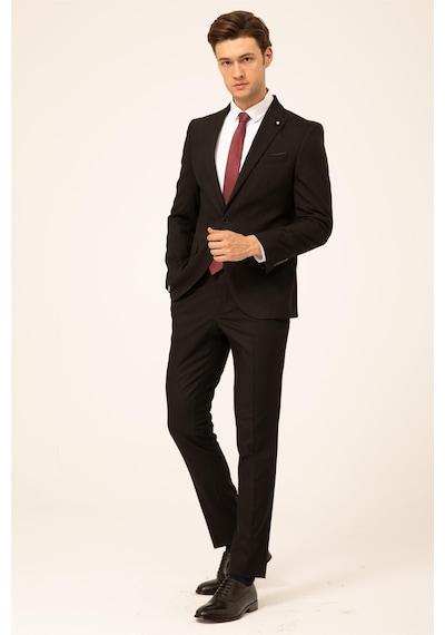 Süvari Siyah Slim Fit Düz Sivri Yaka 6 Drop Klasik Takım Elbise