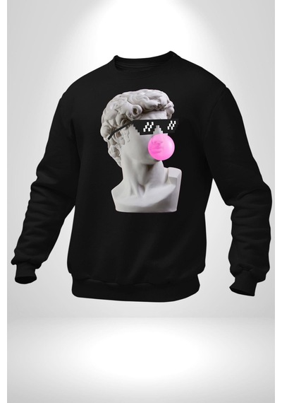 Gözlüklü David'in Kafasının Alçı Heykeli Unisex Siyah Sweatshirt Siyah