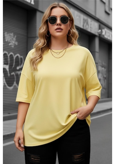 Mily Kadın Büyük Beden Battal Basic Bisiklet Yaka Pamuklu T-shirt Rahat Kesim Unisex Sevgili Kombini Sarı
