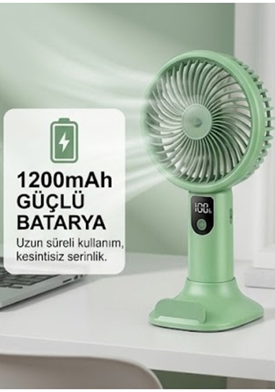 Şarjlı Standlı Güçlü El Fanı Masaüstü Mini Vantilatör 1200mah 5 Kademe Hız Ayarı Dijital Gös