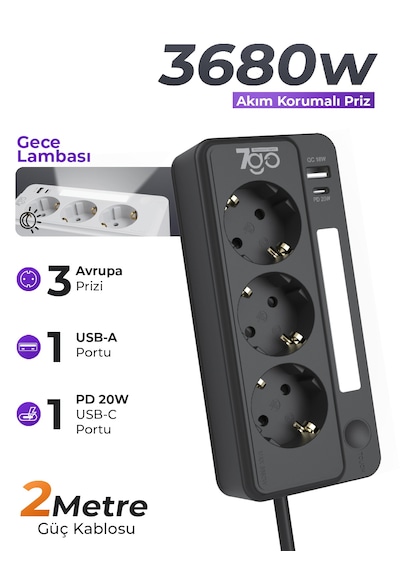 7go 7gsp1 3680w 3'lü Priz Siyah Akım Korumalı 20w Pd Hızlı Şarj Usb 1.9m Kablolu Akıllı Led Ge 2 m
