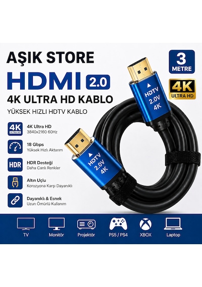 Hdmı 2.0 Kablo 3 Metre 4k Ultra Hd 18gbps Altın Uçlu Hdr Destekli Tv Monitör Ps5 Xbox Laptop Uyumlu